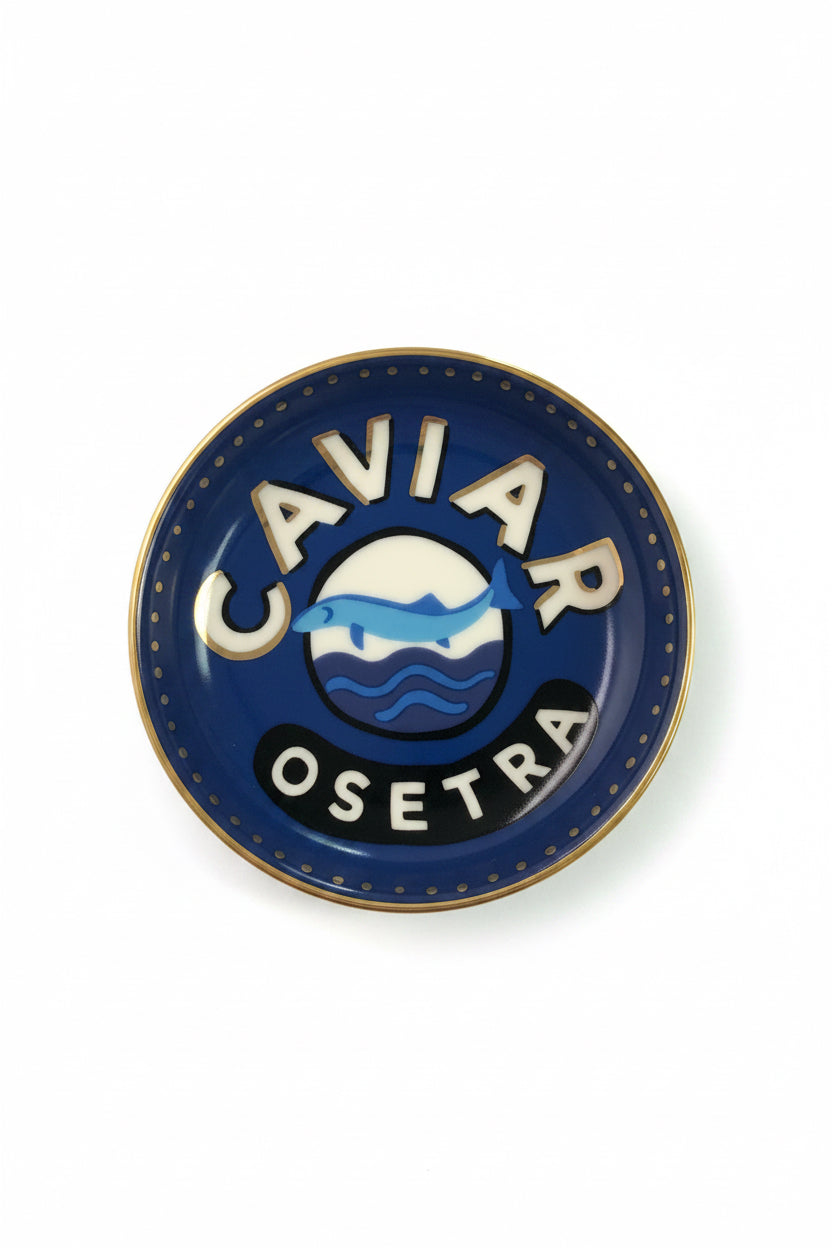 porcelain dice dish with caviar label