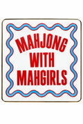 A square white ceramic plate or coaster with a silver rim, featuring the text 'MAHJONG WITH MAHGIRLS' in red. The text is framed by a wavy blue and red border.