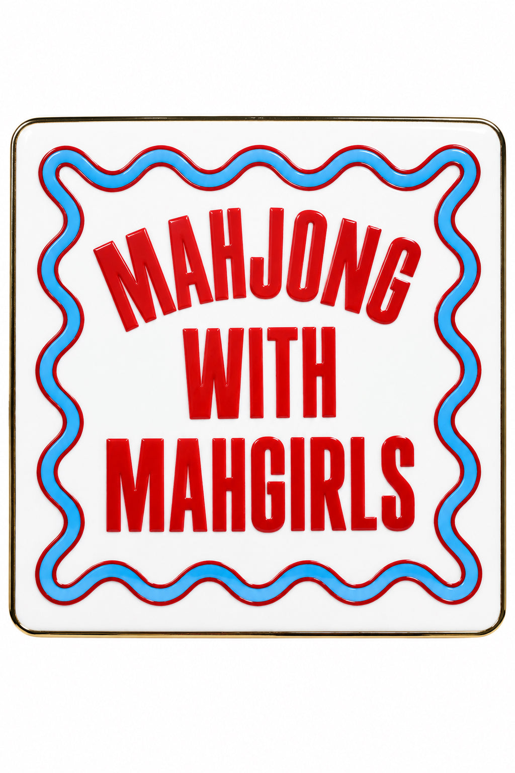 A square white ceramic plate or coaster with a silver rim, featuring the text 'MAHJONG WITH MAHGIRLS' in red. The text is framed by a wavy blue and red border.
