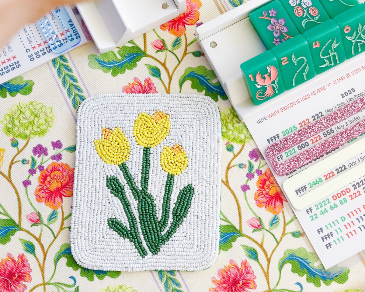 Hand-Beaded Yellow Flower Tile Coasters