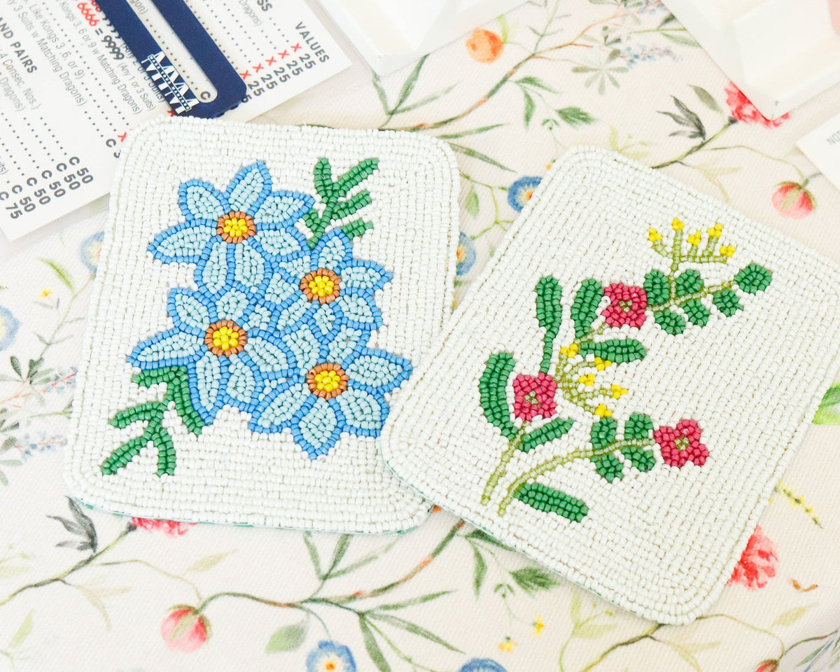 Hand-Beaded Flower Tile Coasters - Mixed Flowers