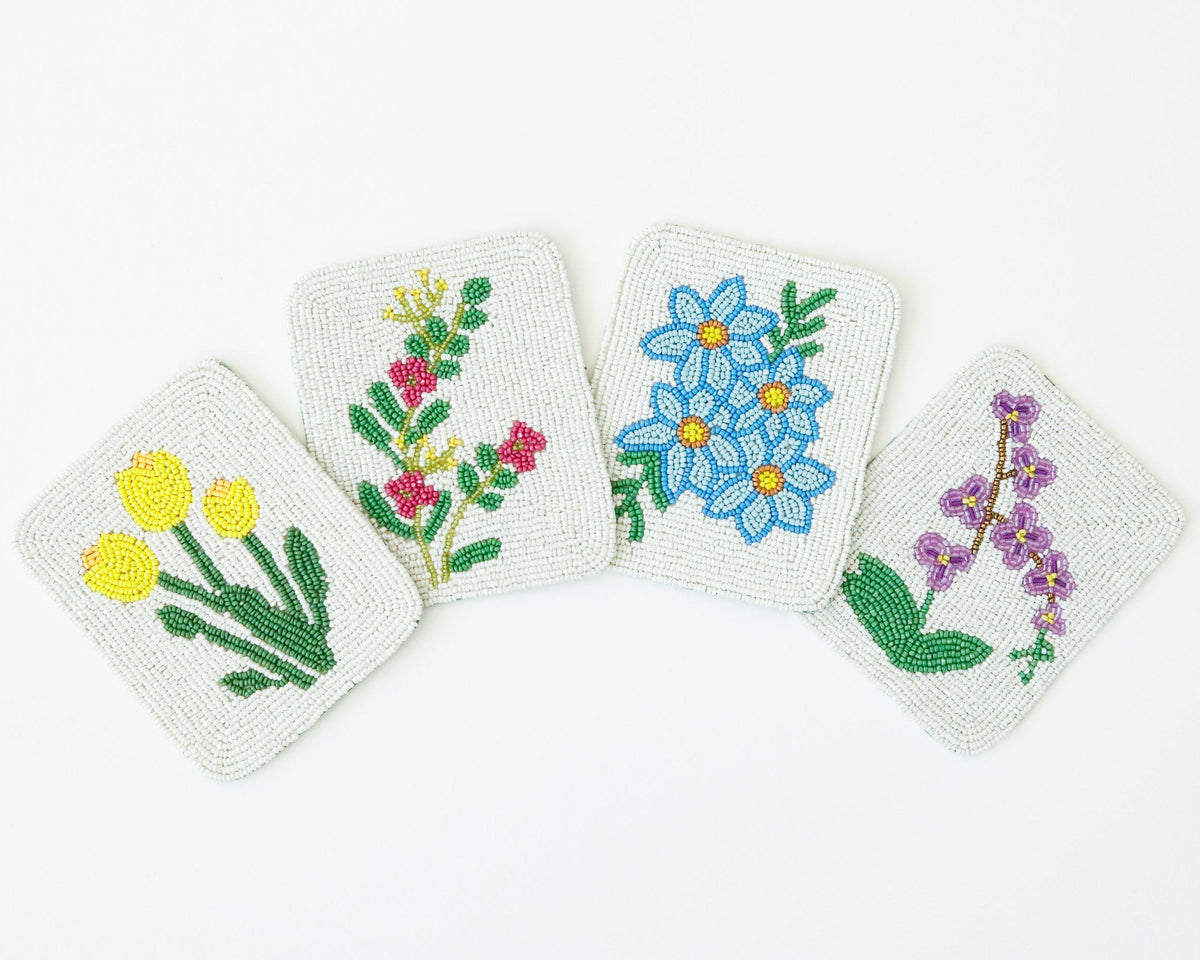 Hand-Beaded Flower Tile Coasters - Mixed Flowers