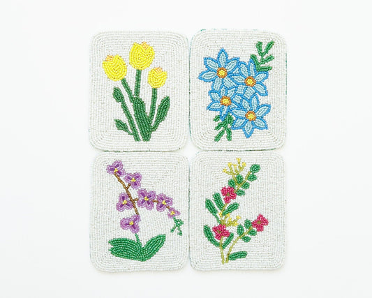 Hand-Beaded Flower Tile Coasters - Mixed Flowers