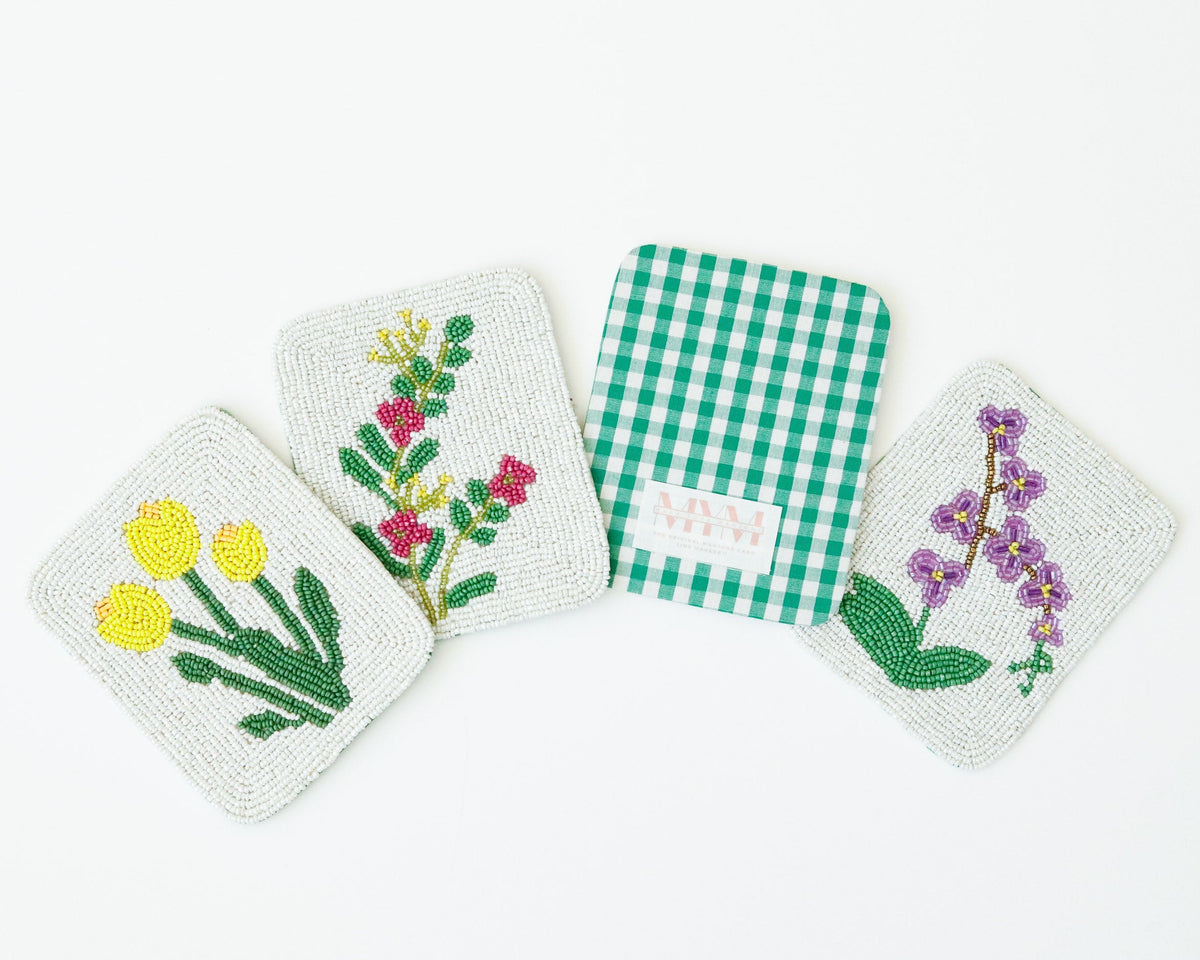 Hand-Beaded Flower Tile Coasters - Mixed Flowers