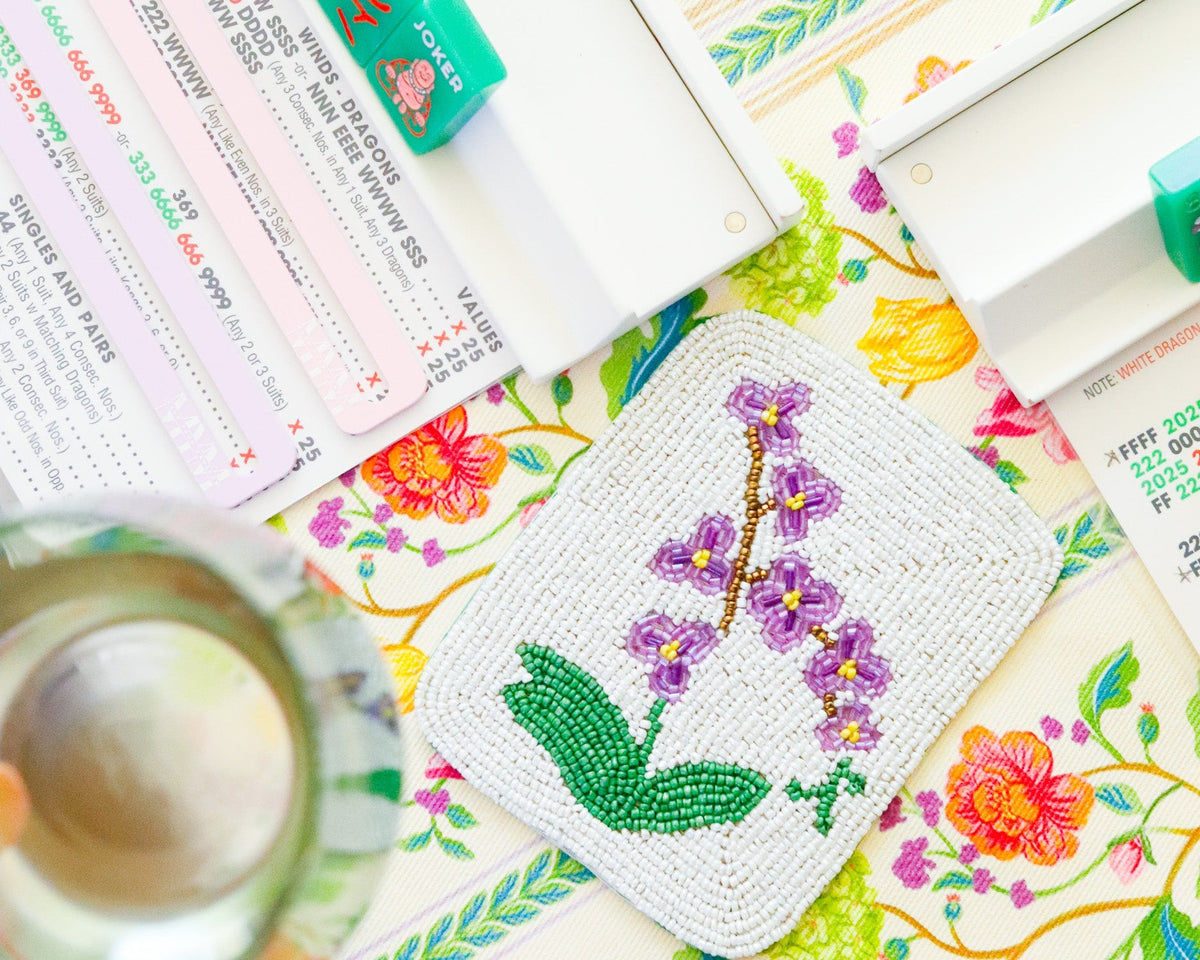 Hand-Beaded Purple Flower Tile Coasters
