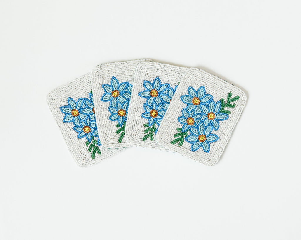 Hand-Beaded Blue Flower Tile Coaster Set