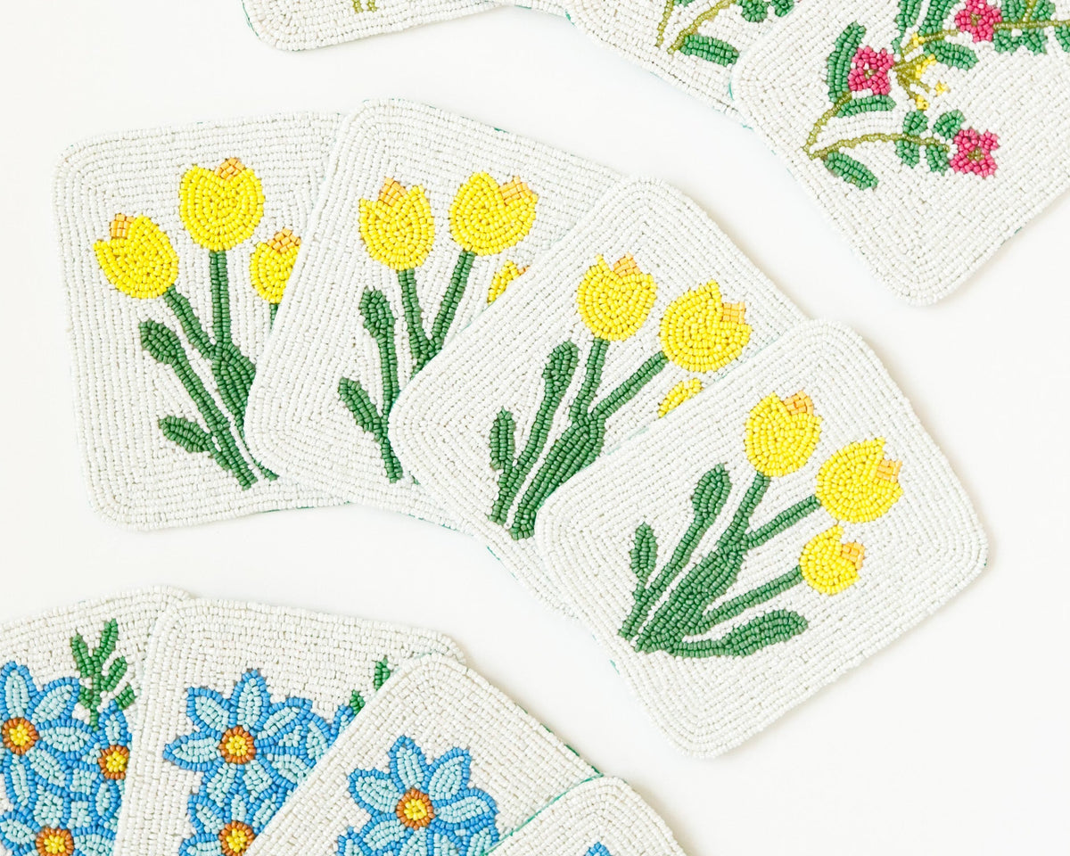 Hand-Beaded Yellow Flower Tile Coasters