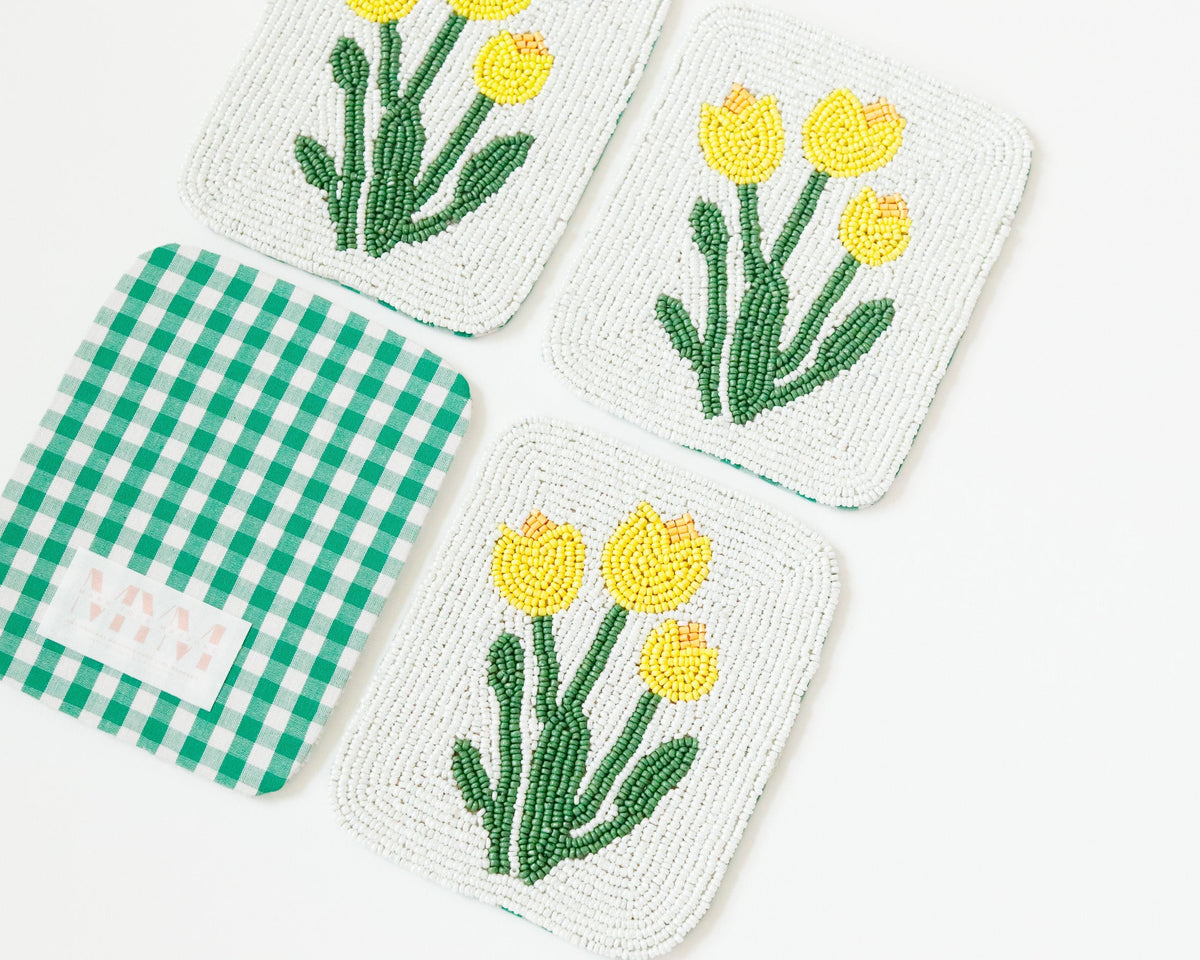 Hand-Beaded Yellow Flower Tile Coasters