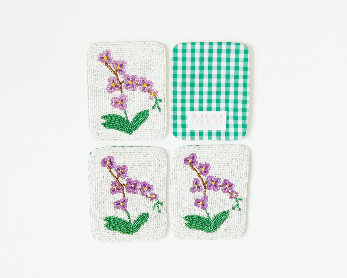Hand-Beaded Purple Flower Tile Coasters