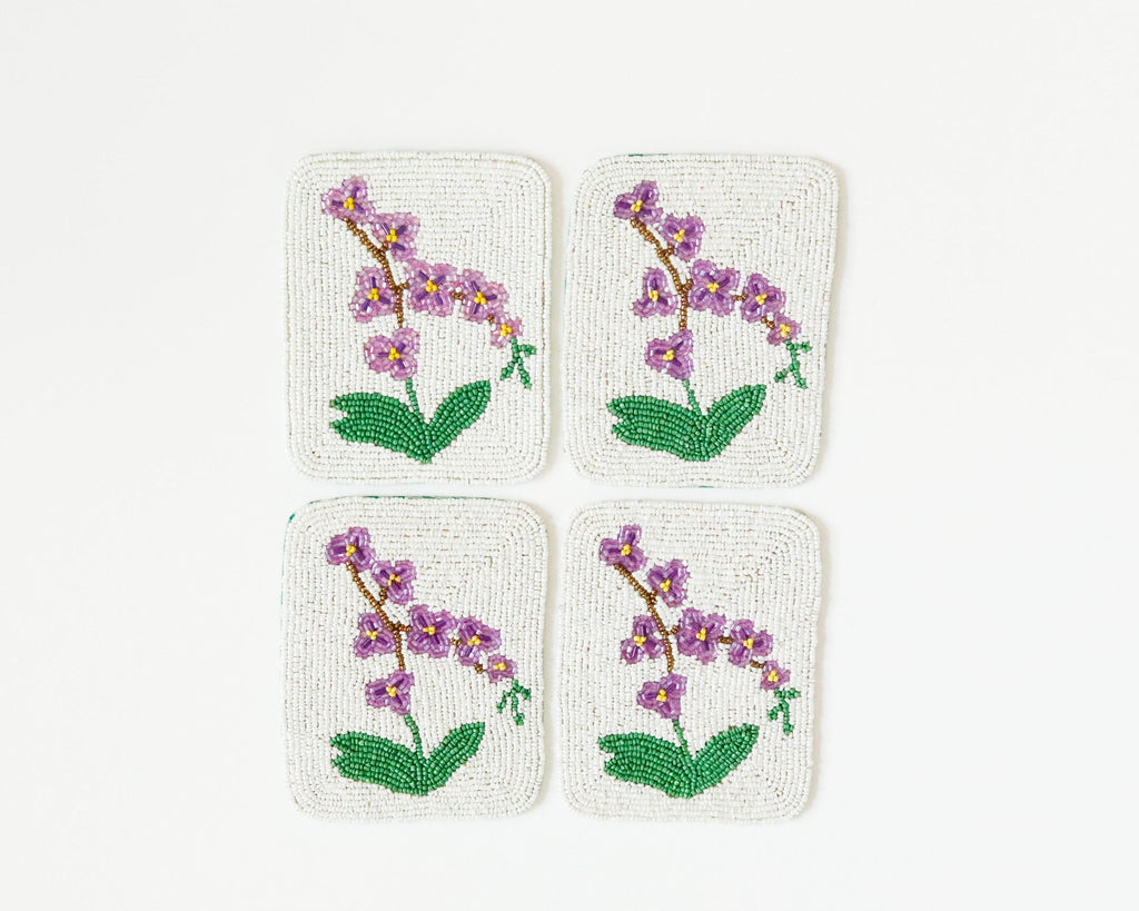 Hand-Beaded Purple Flower Tile Coasters