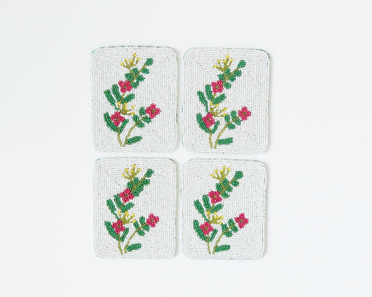 Hand-Beaded Pink Flower Tile Coaster Set