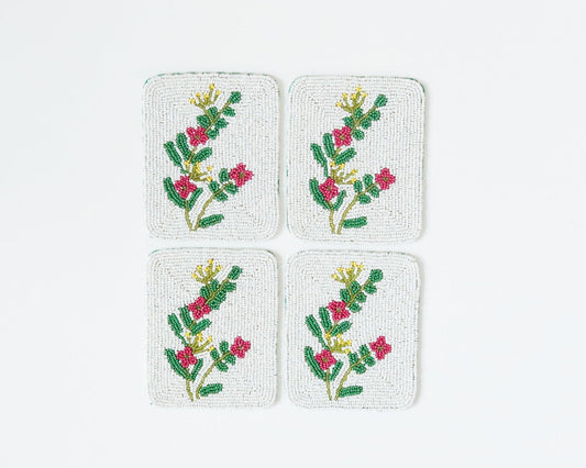 Hand-Beaded Pink Flower Tile Coaster Set