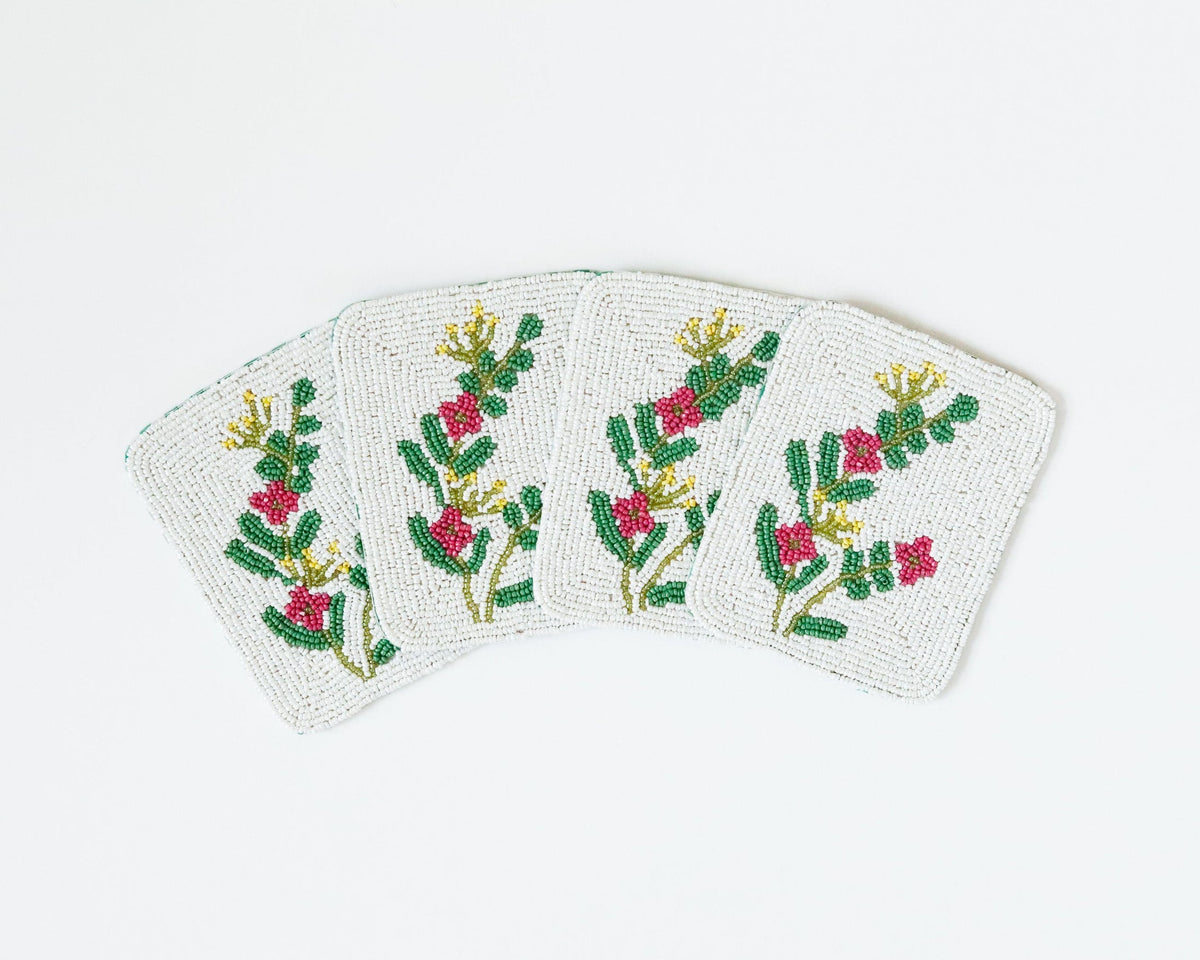 Hand-Beaded Pink Flower Tile Coaster Set