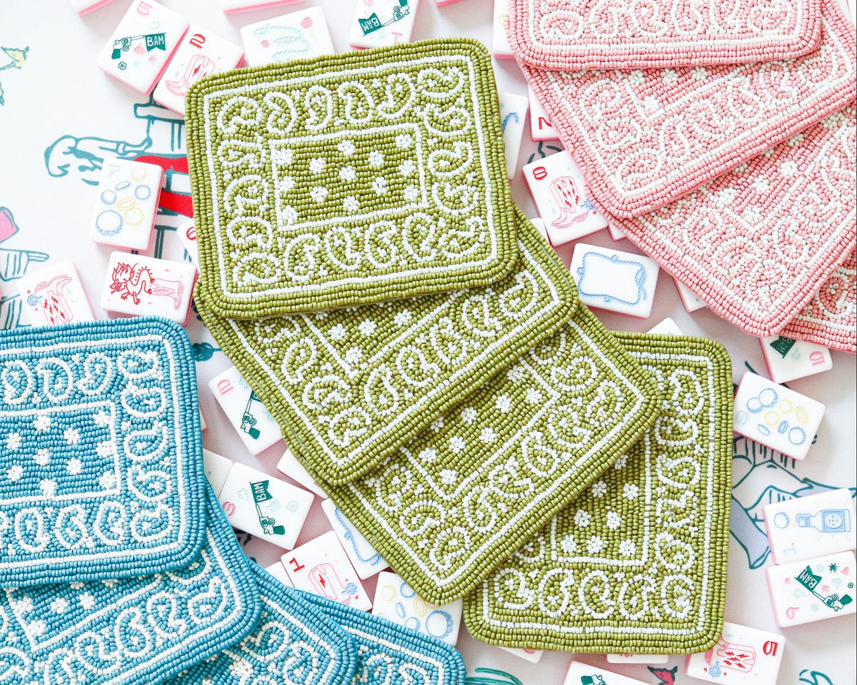 Hand-Beaded Paisley Coaster in Avocado Green