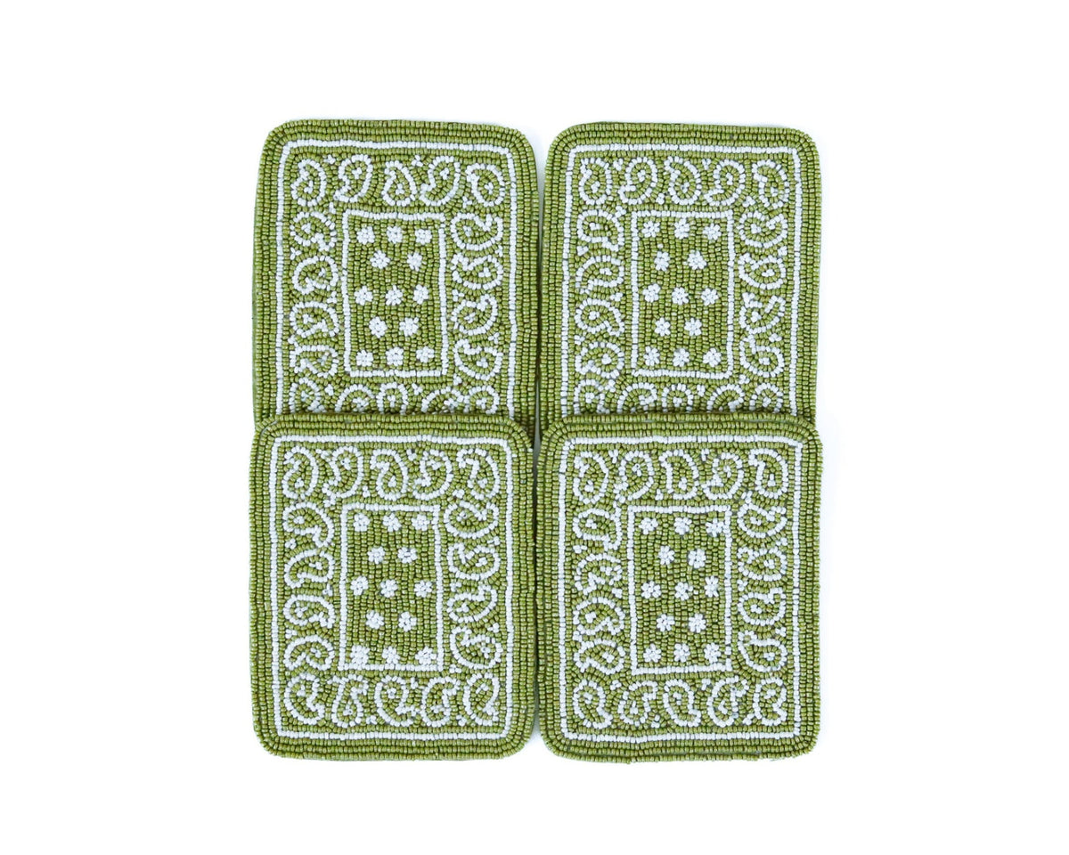 Hand-Beaded Paisley Coaster in Avocado Green