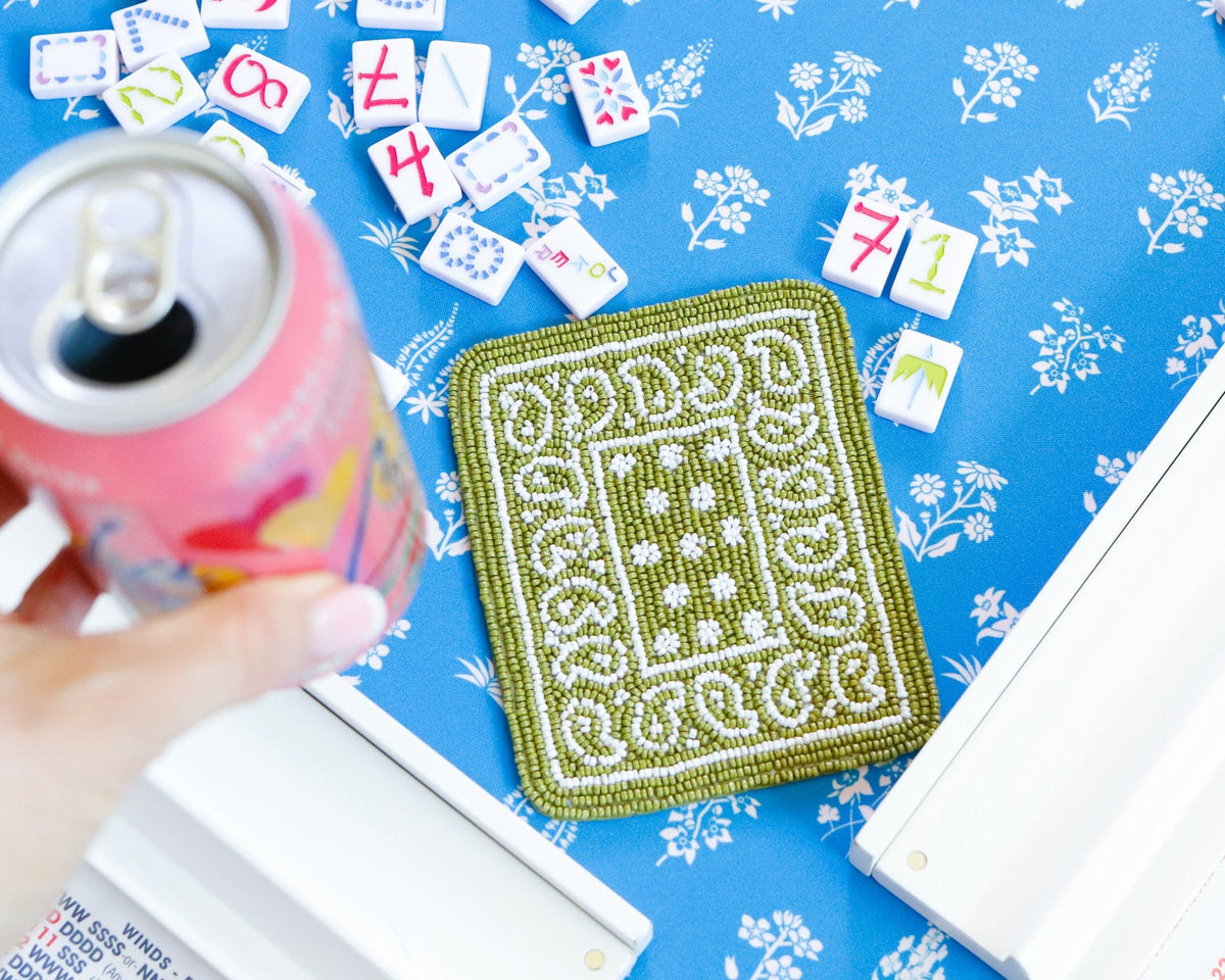 Hand-Beaded Paisley Coaster in Avocado Green