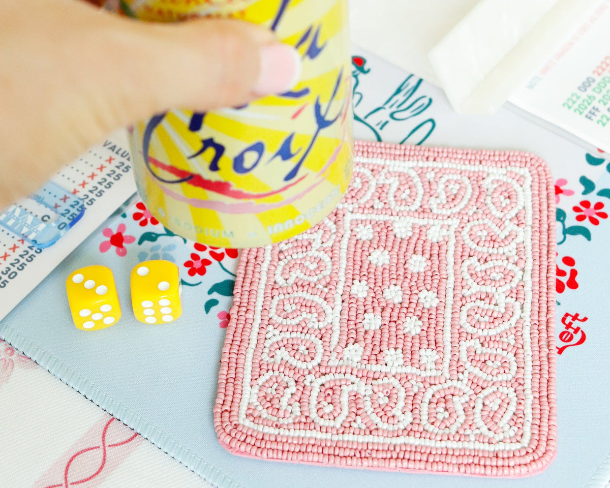 Hand-Beaded Paisley Coaster in Rose Pink