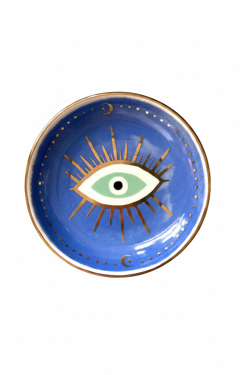 Blue porcelain dice dish with eye design